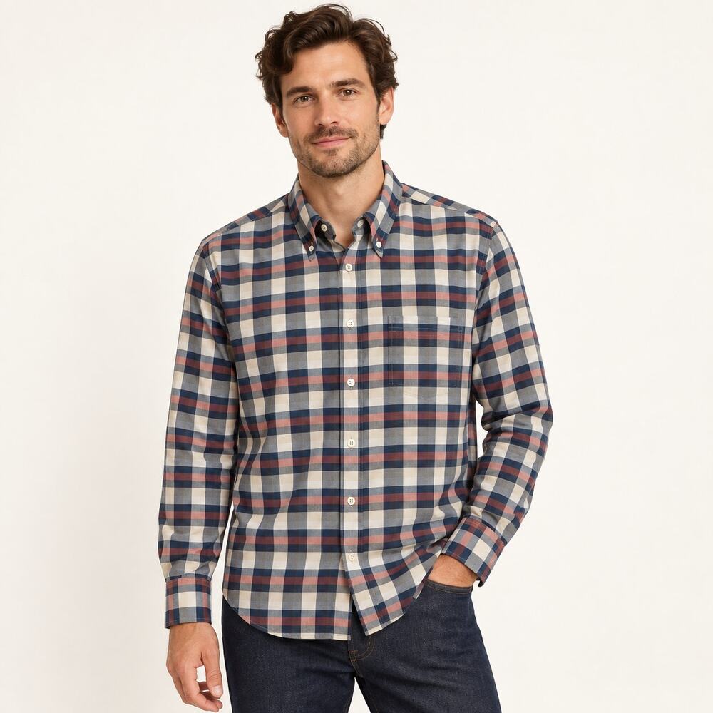 Billy Reid Blue Pink Plaid Cotton Button-Down Shirt M